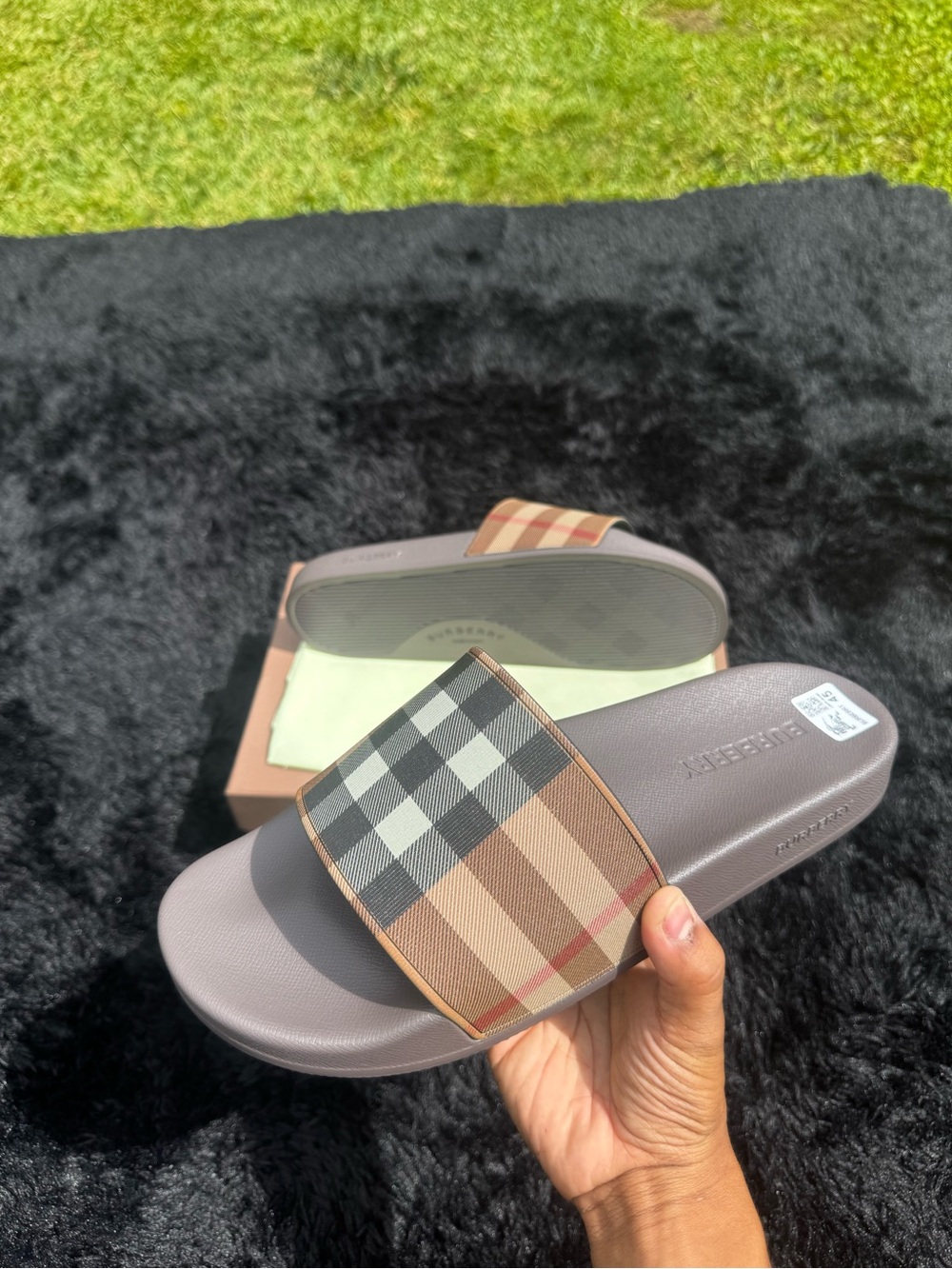 Burberry Men’s Brown & Beige Check Slide Sandals
